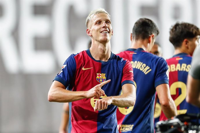 Dani Olmo of FC Barcelona celebrates a goal during the Spanish league, La Liga EA Sports, football match played between Rayo Vallecano and FC Barcelona at Vallecas stadium on August 27, 2024, in Madrid, Spain.