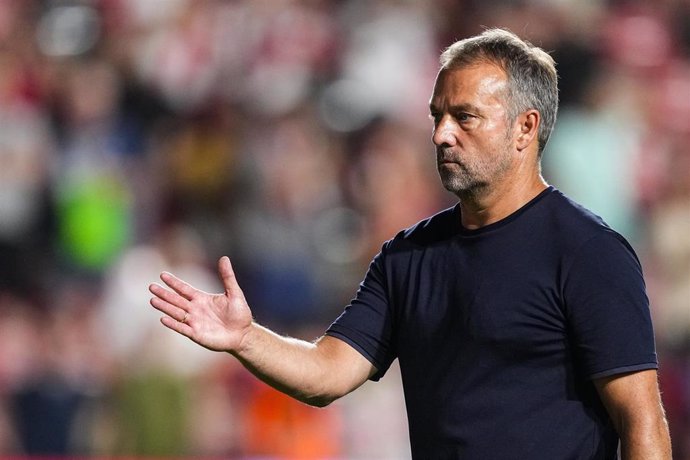 Hansi Flick, head coach of FC Barcelona, gestures during the Spanish league, La Liga EA Sports, football match played between Rayo Vallecano and FC Barcelona at Vallecas stadium on August 27, 2024, in Madrid, Spain.