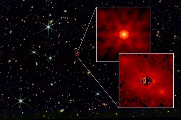 Una imagen del telescopio James Webb muestra el cuásar J0148 rodeado de un círculo rojo. Dos recuadros muestran, en la parte superior, el agujero negro central y, en la parte inferior, la emisión estelar de la galaxia anfitriona.