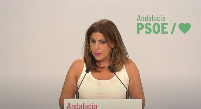 La portavoz del Grupo Socialista en el Parlamento andaluz, Ángeles Férriz, en rueda de prensa en la sede del PSOE-A.