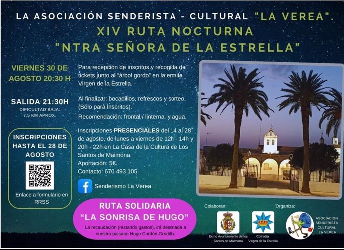 Cartel de la ruta senderista nocturna solidaria en Los Santos de Maimona