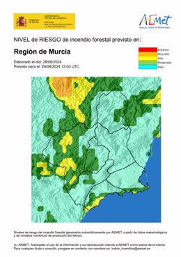 Mapa que muestra el nivel de aviso por riesgo forestal