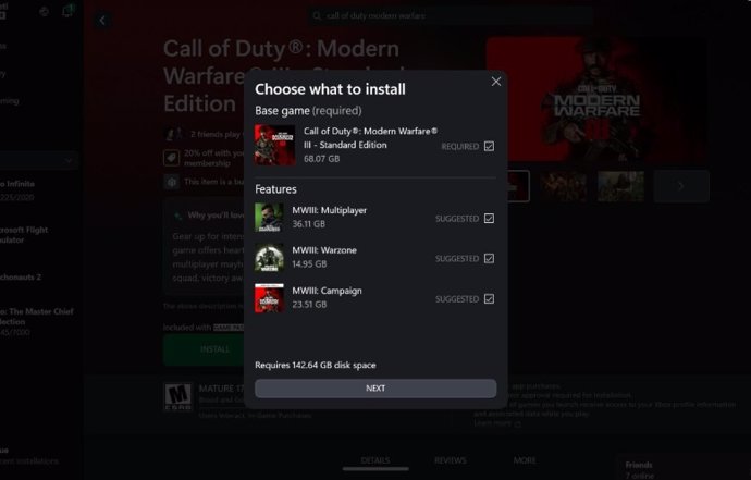 Elección de instalación de descargas en la app Xbox