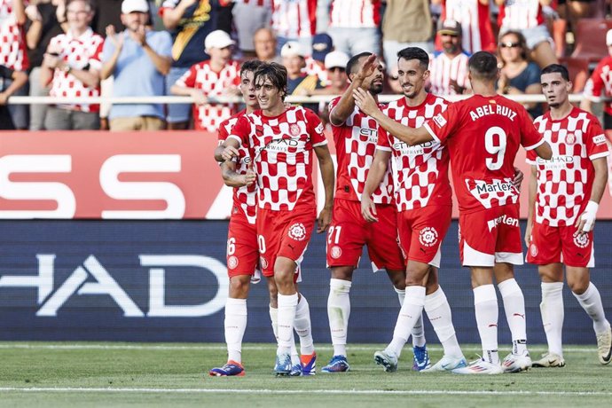 Bryan Gil of Girona FC celebrates a goal with teammates during the Spanish league, La Liga EA Sports, football match played between Girona FC and CA Osasuna at Estadio de Montilivi on August 29, 2024 in Girona, Spain.