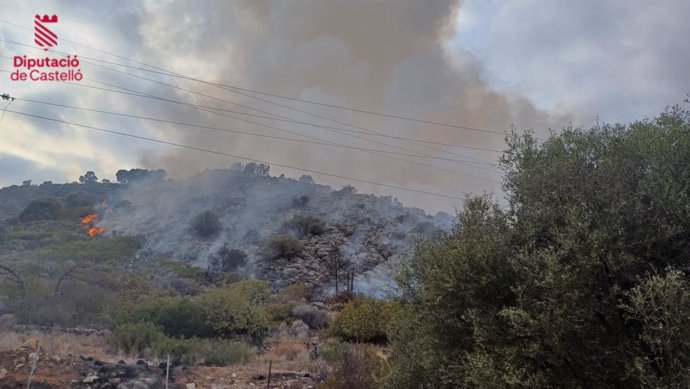 Una decena de medios aéreos y unidades de bomberos se movilizan a un incendio en Oropesa junto a la AP-7