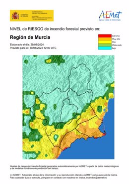 Mapa que muestra el nivel de riesgo de incendio forestal en la Región