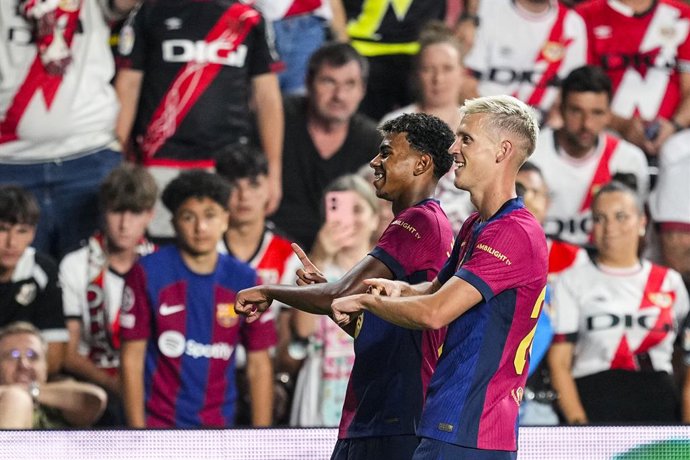 Dani Olmo of FC Barcelona celebrates a goal during the Spanish league, La Liga EA Sports, football match played between Rayo Vallecano and FC Barcelona at Vallecas stadium on August 27, 2024, in Madrid, Spain.