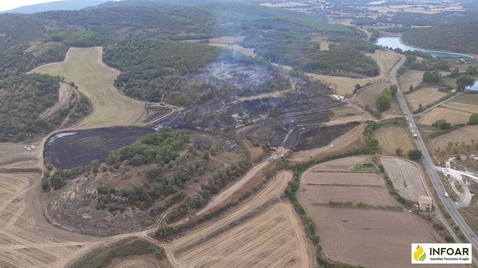 Imagen aérea del incendio de Camporrells tomada este pasado jueves 29 de agosto de 2024.