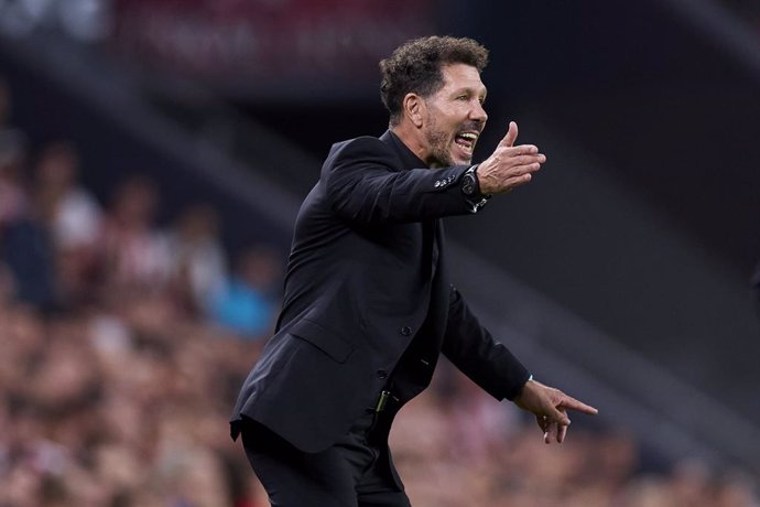 Diego Pablo 'Cholo' Simeone head coach of Atletico de Madrid reacts during the LaLiga EA Sports match between Athletic Club and Atletico de Madrid at San Mames on August 31, 2024, in Bilbao, Spain.