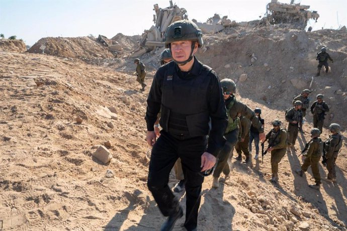 August 21, 2024, Rafah, Gaza Strip: Israeli Minister of Defense YOAV GALLANT (in black) visits troops from the IDF's Division 162, deployed to the Rafah area and the Philadelphi route. Gallant held an operational situation assessment with senior IDF offic