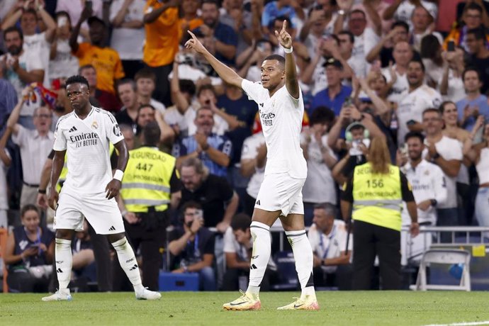 Kylian Mbappe of Real Madrid celebrates a goal during the Spanish League, LaLiga EA Sports, football match played between Real Madrid and Real Betis Balompie at Santiago Bernabeu stadium on September 01, 2024, in Madrid, Spain.