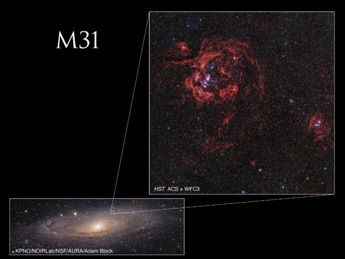 Latam.-Ciencia.-Hubble se acerca a los tentáculos rosados de Andrómeda