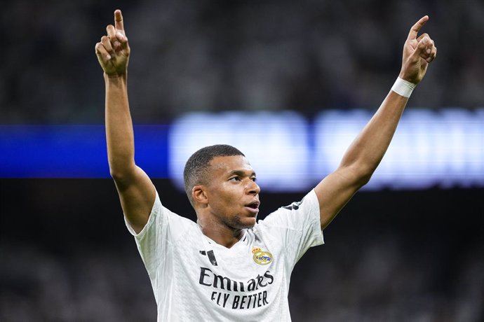 Kylian Mbappe of Real Madrid celebrates a goal during the Spanish League, LaLiga EA Sports, football match played between Real Madrid and Real Betis Balompie at Santiago Bernabeu stadium on September 01, 2024, in Madrid, Spain.