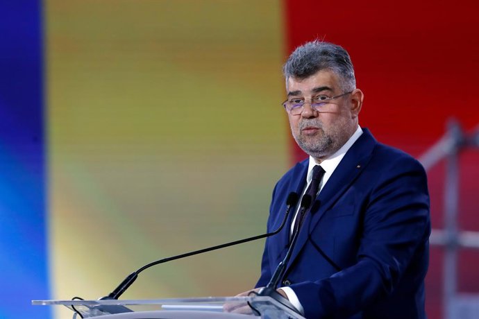 BUCHAREST, Aug. 25, 2024  -- Romania's Prime Minister Marcel Ciolacu addresses the country's Social Democratic Party (PSD) Congress in Bucharest, Romania, Aug. 24, 2024. Ciolacu was re-elected on Saturday as the chairman of the PSD and confirmed as the pa
