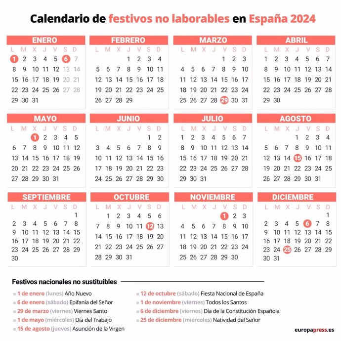 Calendario de festivos nacionales para 2024