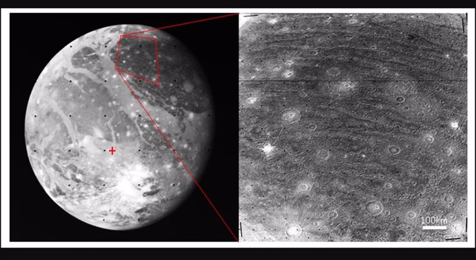 En gran parte de su superficie, la luna de Júpiter, Ganímedes, está cubierta de surcos (derecha) que forman círculos concéntricos alrededor de un punto (izquierda, cruz roja), lo que llevó hace 40 años  a concluir que eran resultado de un impacto gigante.