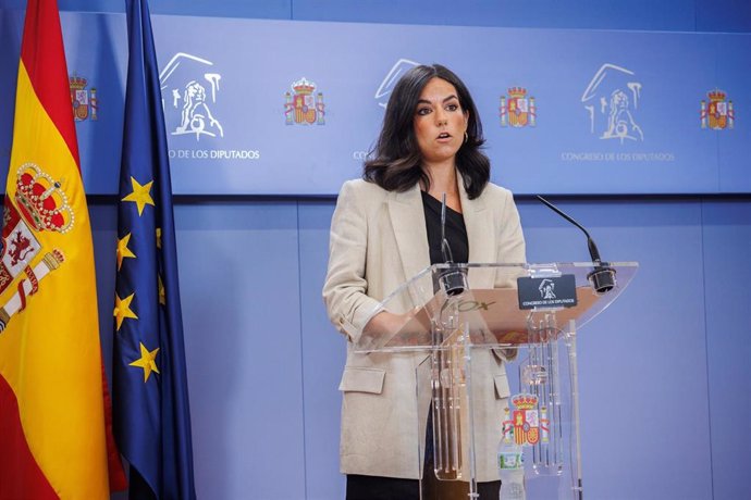 La portavoz de VOX en el Congreso, Pepa Millán, durante una rueda de prensa anterior a la Junta de Portavoces, a 3 de septiembre de 2024, en Madrid (España).