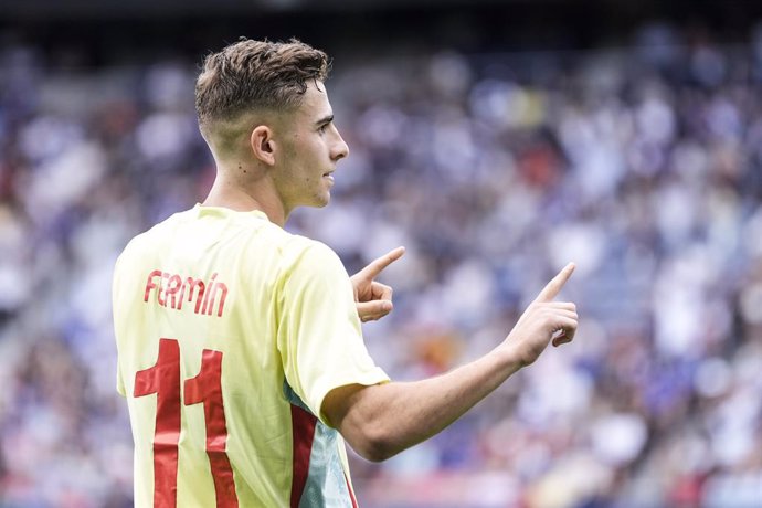 Fermin Lopez of Spain celebrates a goal  during Men's Gold Medal Match of the Football between France and Spain on Parc des Princes during the Paris 2024 Olympics Games on August 9, 2024 in Paris, France.