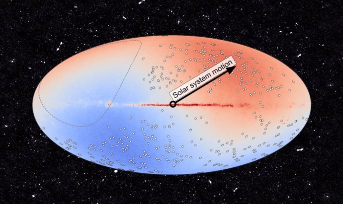 Un mapa del cielo superpuesto a una porción de puntos individuales de MeerKAT que contienen unos cuantos miles de fuentes de radio.