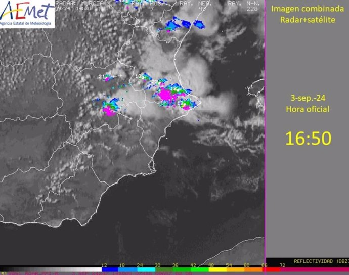 Imagen de radar y satélite de precipitaciones, granizo y rayos