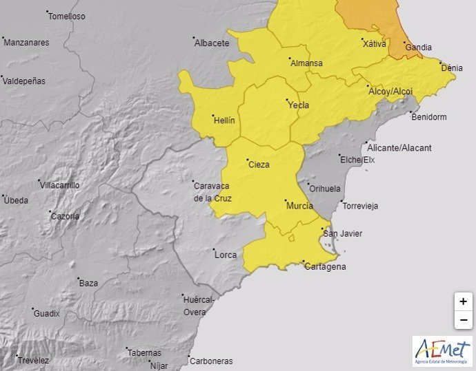 El Altiplano, la Vega del Segura y el Campo de Cartagena están este miércoles en alerta amarilla por lluvias y tormentas