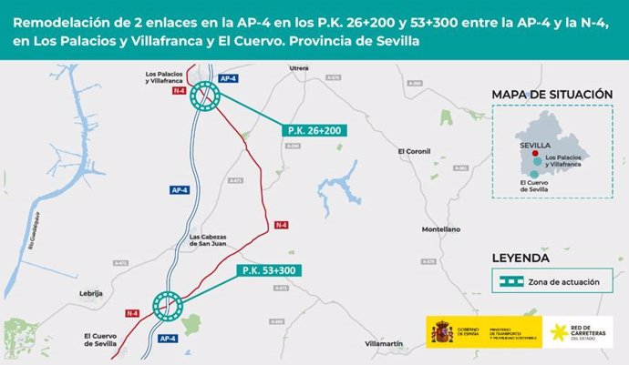 Detalle de la actuación de remodelación de los enlaces de la AP-4 con Los Palacios y El Cuervo.