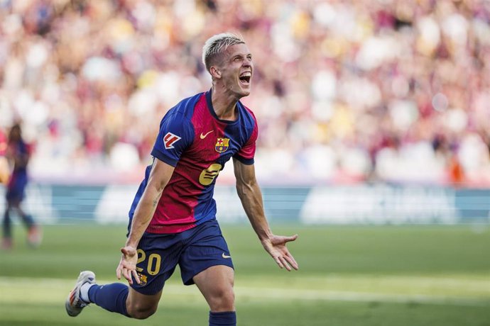 Dani Olmo of FC Barcelona celebrates a goal during the Spanish league, La Liga EA Sports, football match played between FC Barcelona and Real Valladolid at Estadio Olimpico de Montjuic on August 31, 2024 in Barcelona, Spain.