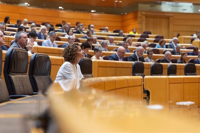 La vicepresidenta primera y ministra de Hacienda, María Jesús Montero, durante un pleno en el Senado, a 4 de septiembre de 2024, en Madrid (España). La vicepresidenta primera y ministra de Hacienda, arranca el curso político dando explicaciones en el Sena