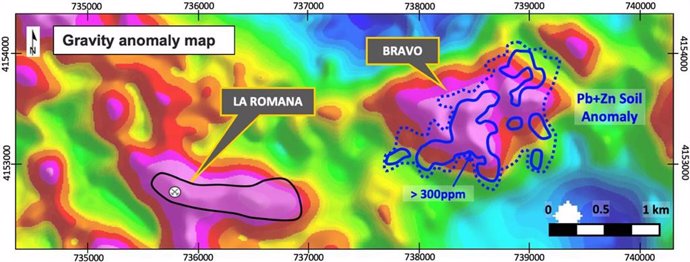 Figura 1 - Objetivo gravimétrico Bravo redefinido y nueva anomalía de suelos de Pb+Zn, que muestra la proximidad a la anomalía gravimétrica de La Romana.