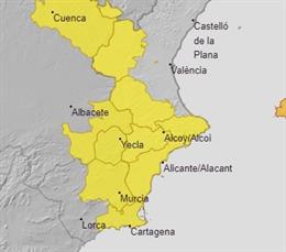 Aemet activa la alerta amarilla por lluvias y tormentas en el litoral sur de Alicante