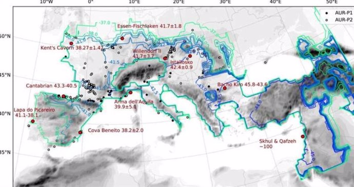 Contornos del tiempo de llegada de la expansión humana en miles de años, definidos por la densidad de población que alcanza 0,4 P 100?km-2 por primera vez