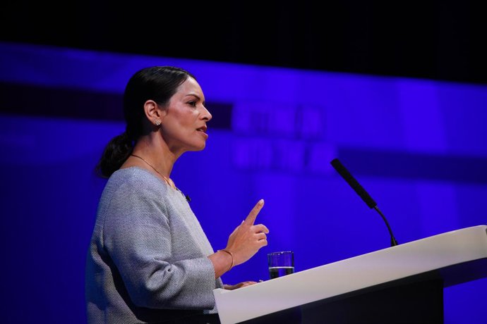Archivo - 19 March 2022, United Kingdom, Blackpool: UK Home Secretary Priti Patel speaks during the Conservative Party Spring Forum at Winter Gardens. Photo: Peter Byrne/PA Wire/dpa