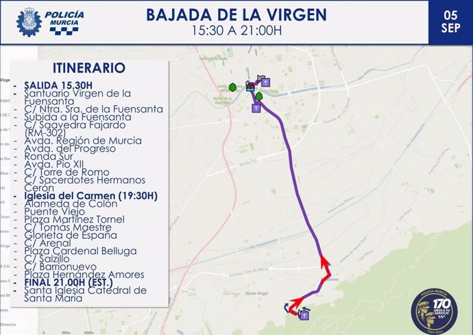 Itinerario de la bajada de la Virgen de la Fuensanta, que tendrá lugar este jueves, 5 de septiembre