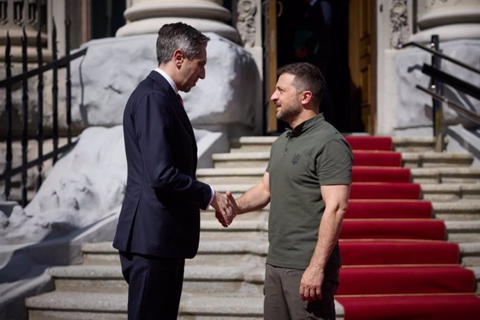 El primer ministro de Irlanda, Simon Harris, y el presidente ucraniano, Volodimir Zelenski.