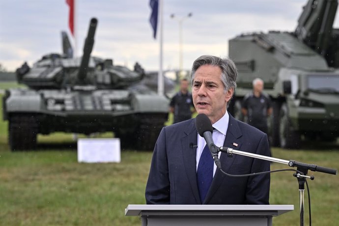 Archivo - 30 May 2024, Czech Republic, Prague: US Secretary of State Antony Blinken speaks during a press conference with Czech Defense Minister Jana Cernochova after their meeting at Kbely Airport. Photo: ?imánek Vít/CTK/dpa