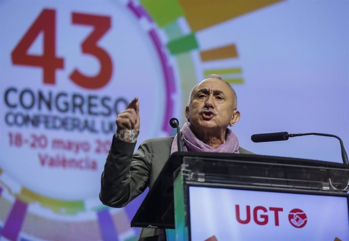 Archivo - El secretario general de UGT, Pepe Álvarez, interviene durante el acto de clausura del 43 Congreso Confederal de UGT en mayo de 2021