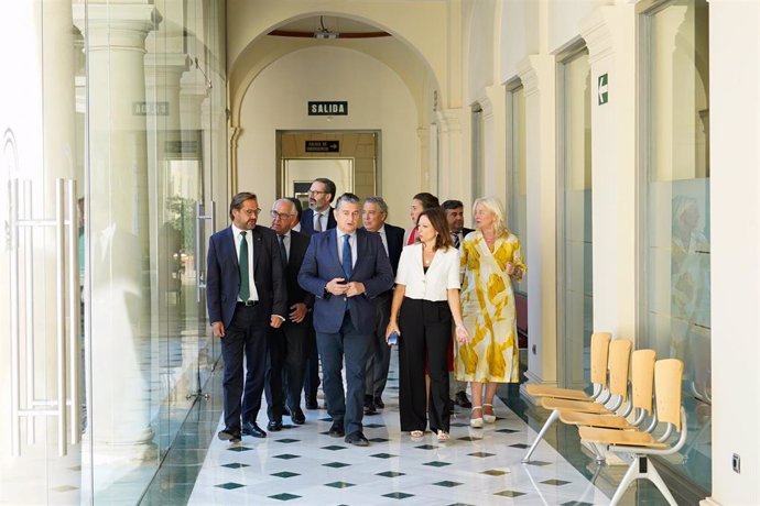 El consejero de la Presidencia, Interior, Diálogo Social y Simplificación Administrativa, Antonio Sanz (c) a su llegada a la reunión con los delegados del Gobierno andaluz en las provincias