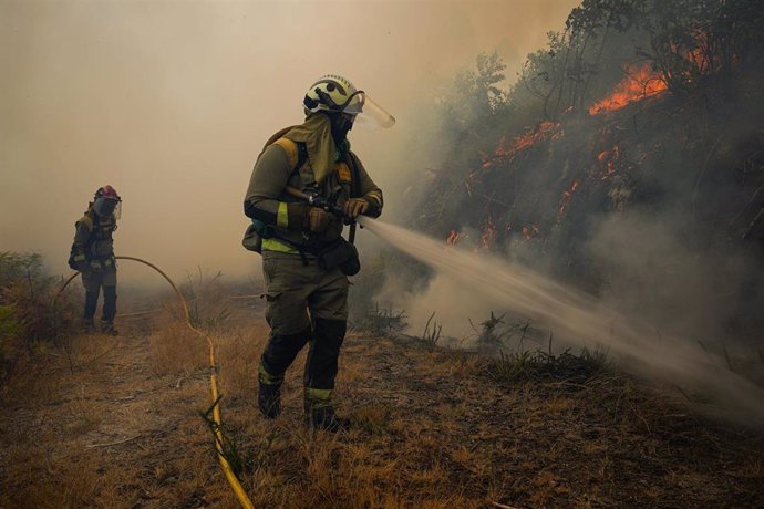 Agentes del equipo de Bomberos de Galicia trabajan en el incendio de Crecente.