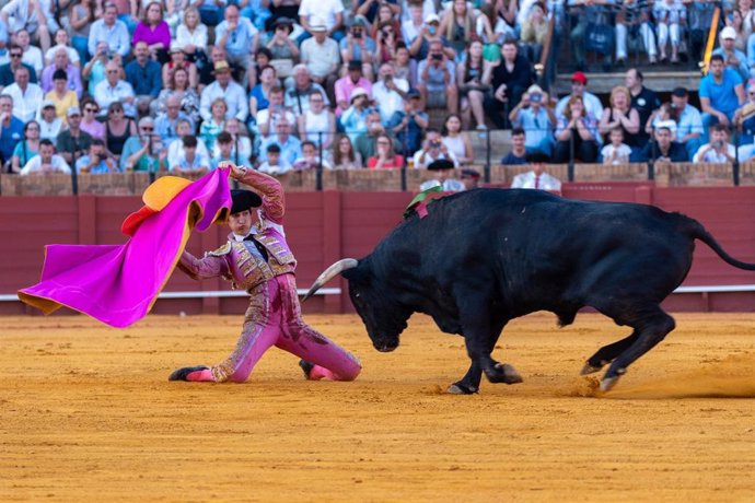 Archivo - El novillero, Sergio Domínguez "El Mella" durante la tarde de hoy en la Maestranza, a 12 de mayo de 2024, en Sevilla, Andalucía (España).