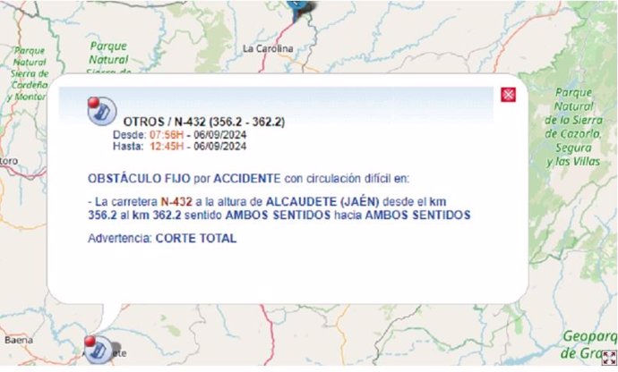 Aviso de la DGT sobre el corte de la N-342 en Alcaudete (Jaén) por un accidente mortal entre un turismo y un camión