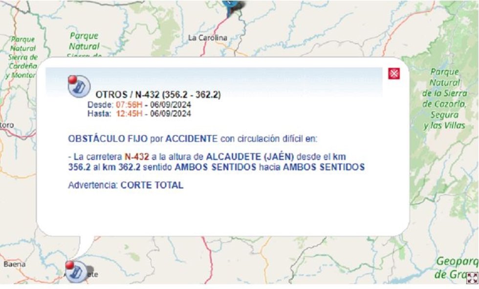 Aviso de la DGT sobre el corte de la N-342 en Alcaudete (Jaén) por un accidente mortal entre un turismo y un camión
