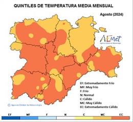 Mapa elaborado por la Aemet con los quintiles de temperatura media mensual registrados en agosto en CyL