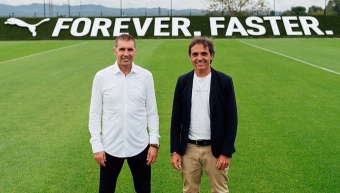 El presidente del Girona FC, Delfí Geli, y el 'managing director' de PUMA en el sur de Europa, Esteve Planas, en la Girona Football Academy by PUMA