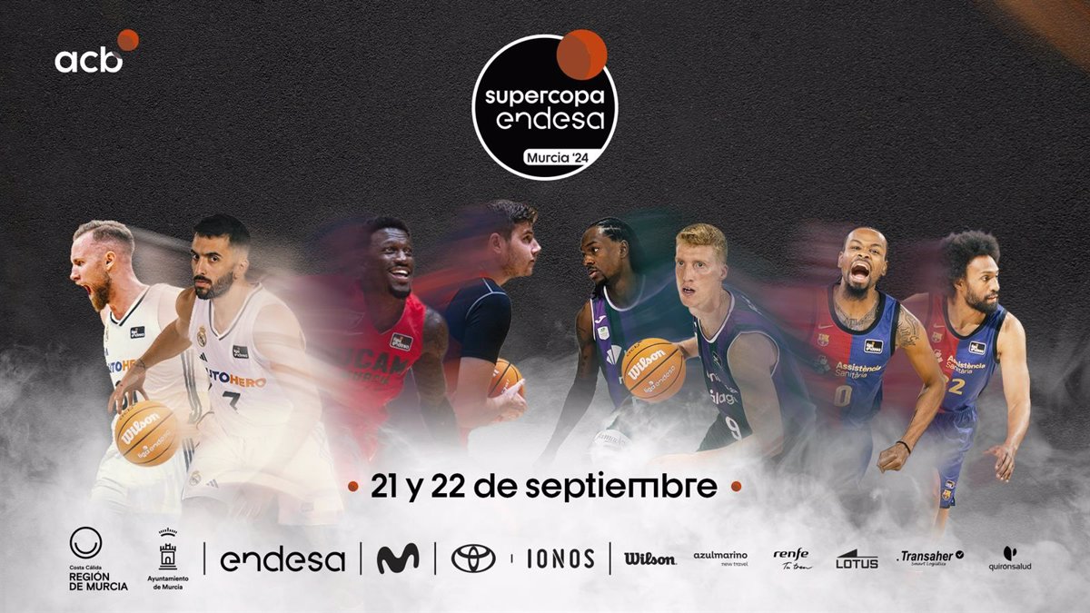 Musa, Campazzo, Ennis, Birgander, Díaz, Perry, Punter and Parker star in the poster for the Endesa Murcia Super Cup 2024