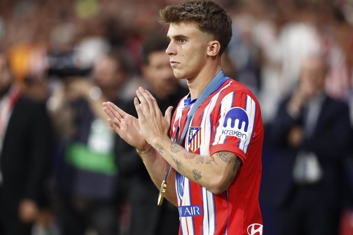 Pablo Barrios of Atletico de Madrid is honored for winning gold medal at the Olympic Games during the Spanish league, La Liga EA Sports, football match played between Atletico de Madrid and Girona FC at Civitas Metropolitano stadium on August 25, 2024, in