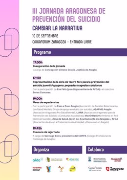 Cartel con el horario detallado y desarrollo de la III Jornada Aragonesa de Prevención del Suicidio.