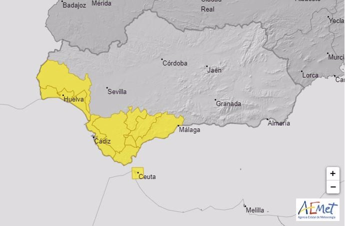 Las inclemencias por tormentas se notarán en zonas del interior y costa de Cádiz, Huelva y Málaga.