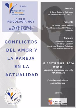 Cartel de la charla 'Conflictos del amor y la pareja en la actualidad?, que se celebrará el jueves 12 de spetiembre en la BIbilioteca de Castilla y León de Valladolid