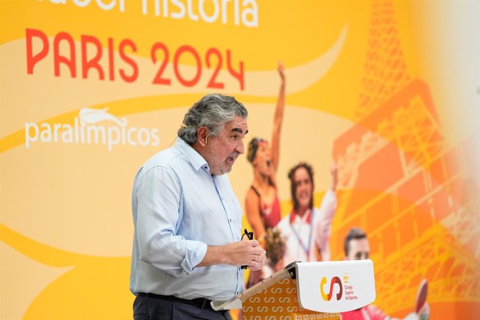 Jose Manuel Rodriguez Uribes, President of Superior Sports Council CSD, attends during a farewell event for the Spanish Paralympic Commission that will compete in the Paris 2024 Paralympic Games at the Consejo Superior de Deportes CSD building on August 2