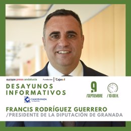 Cartel anunciador del desayuno informativo de Europa Press Andalucía con el presidente de la Diputación de Granada, Francis Rodríguez, el lunes 9 de septiembre